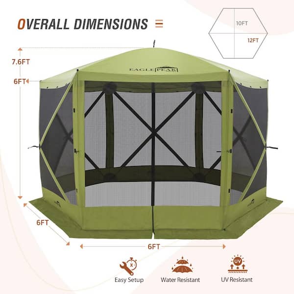 Eagle Peak 12 x 12 ft Portable Pop Up 6 Sided Gazebo Canopy, Outdoor Camping Screen Tent with Mesh Netting 8 Person, Green, Size: 12' x 12