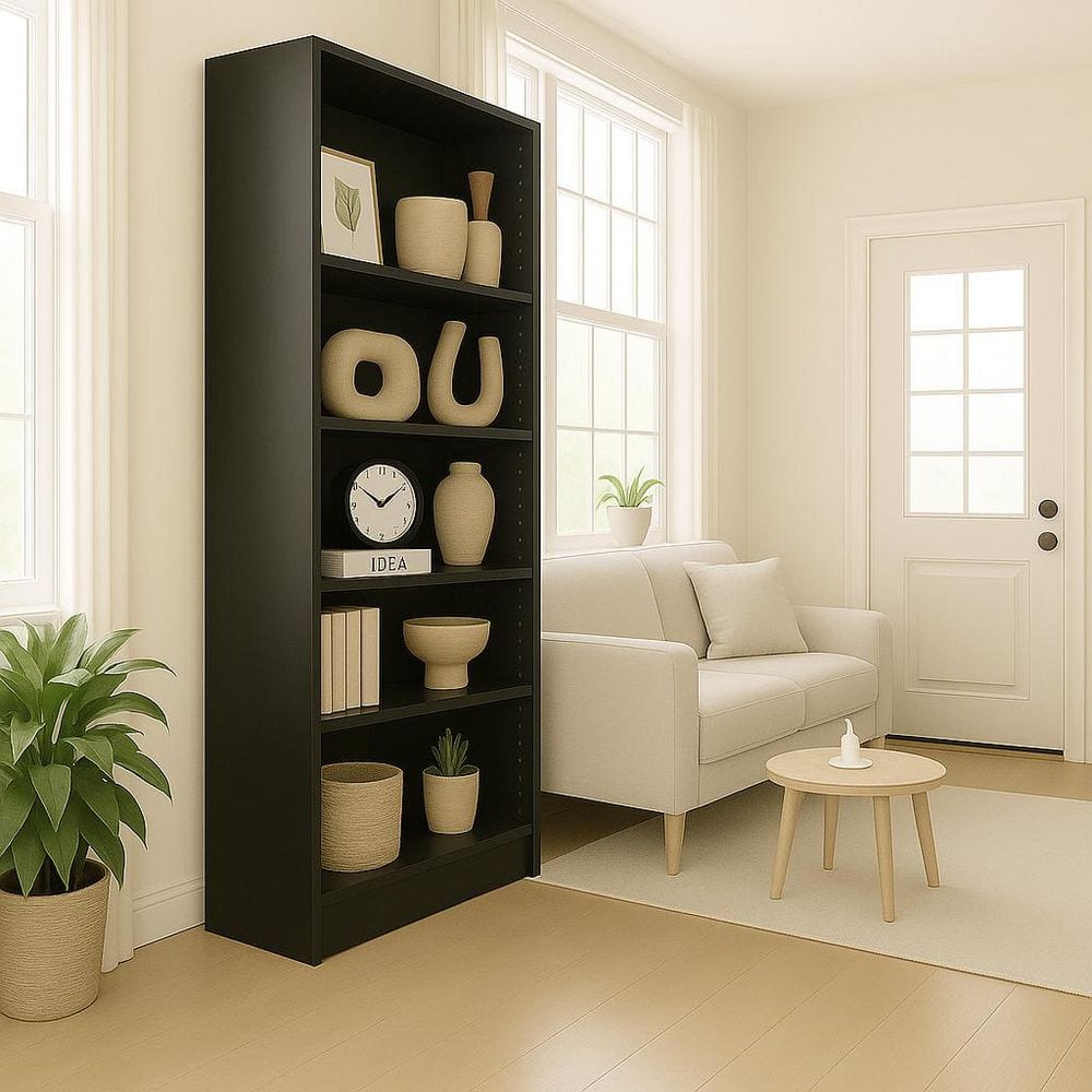 Seren 70.9 in. Tall Black Wood 5-Shelf Storage Bookcase