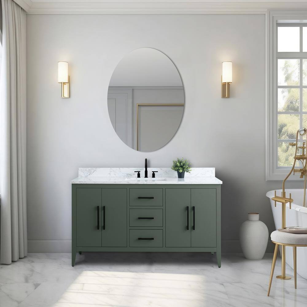 60'' Vintage Green MDF Single Sink Bathroom Vanity with White Marble Top