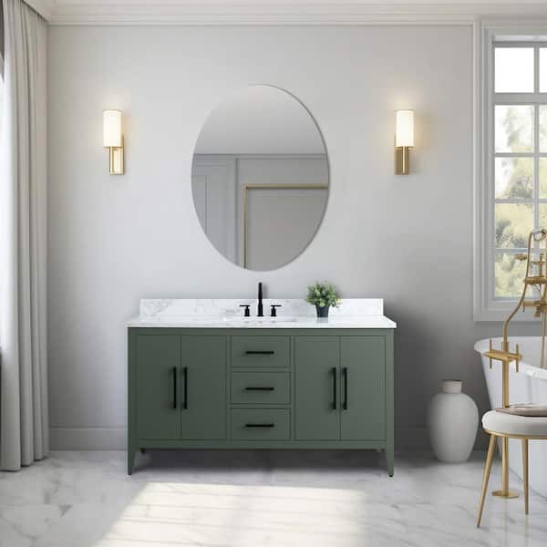 Vanity Art 60 in. W x 22 in. D x 34 in. H Single Sink Bathroom Vanity Cabinet in Vintage Green with Engineered Marble Top in White