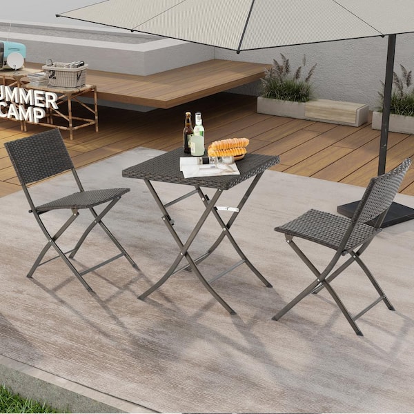 Unbranded Brown 3-Piece Wicker Outdoor Bistro Set, Foldable Outdoor Patio Furniture Sets, All Weather Rattan Style