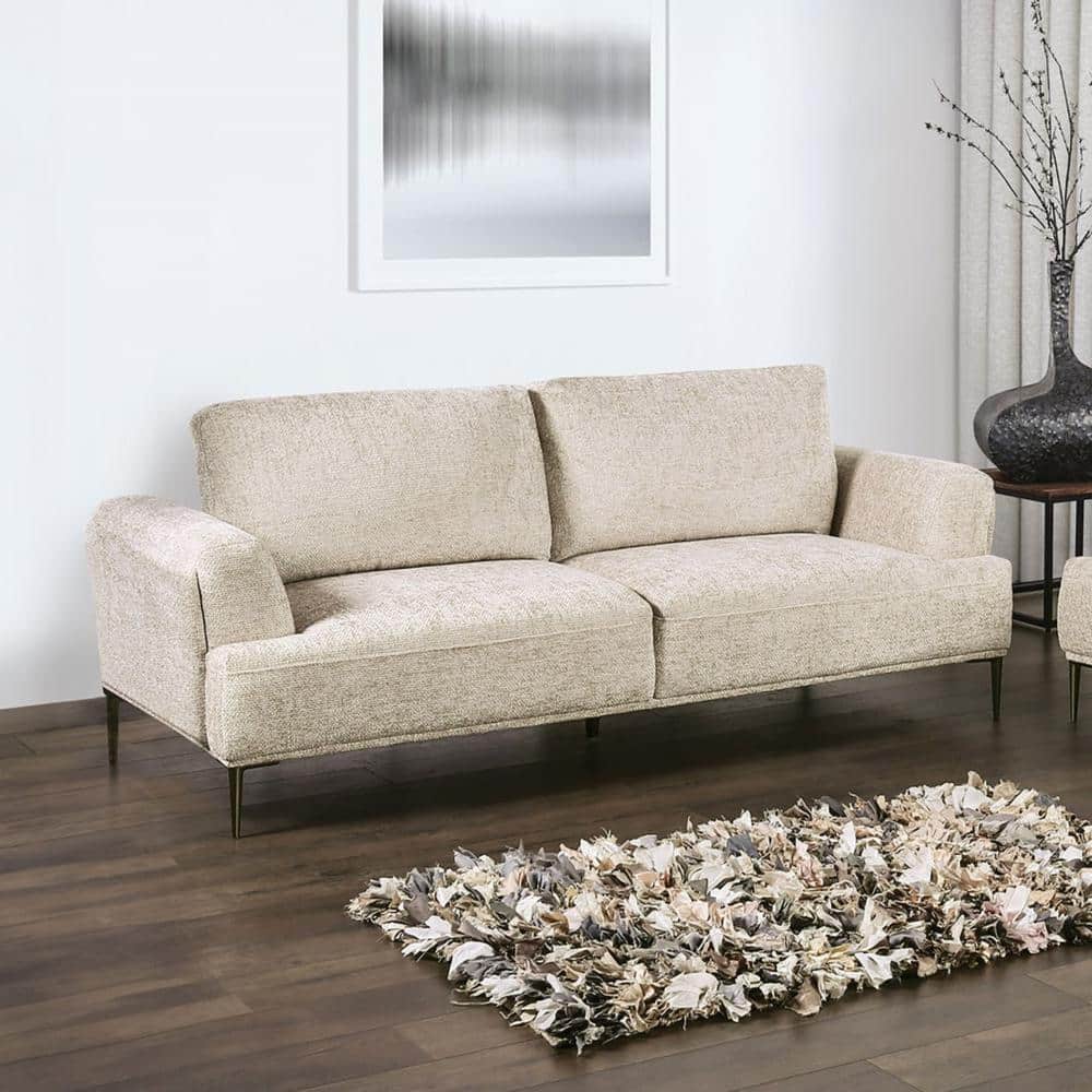 Light Brown Linen Fabric Sectional Sofa with Flared Arms