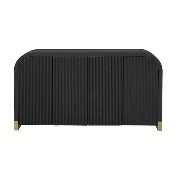 Unbranded 59.8 in. W x 15.7 in. D x 32.9 in. H Black Linen Cabinet with 4-Door Curved Corner Design Wavy Door, Adjustable Shelves