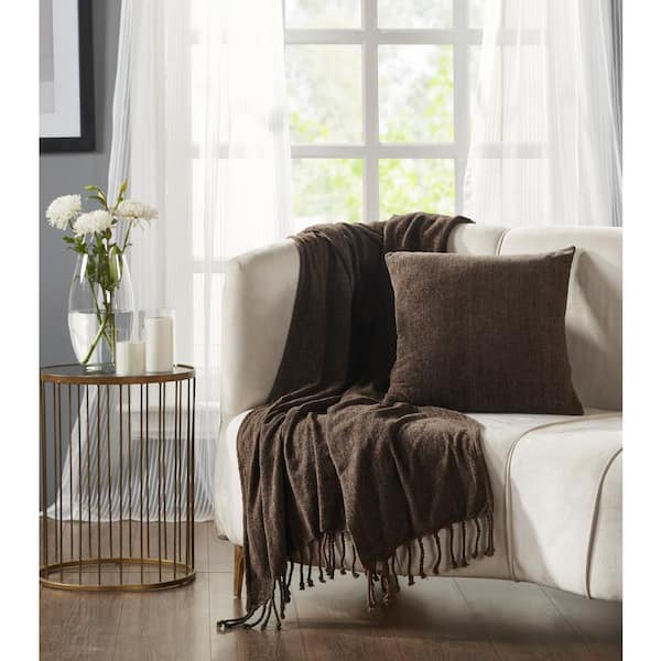 Better Trends Enrich Collection Chocolate 100% Polyester 50 in. x 60 in. Throw and 18 in. x 18 in. Square Decorative Pillow