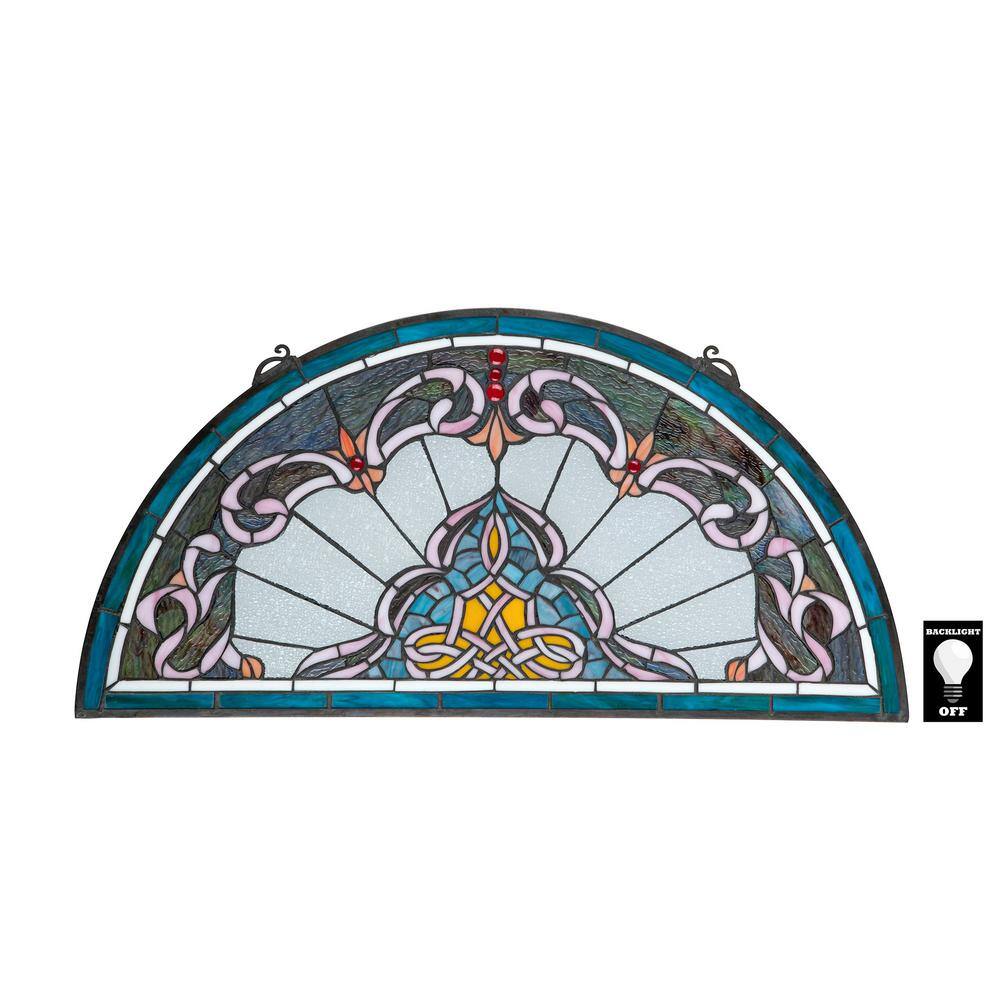 Sky Blue and Green Stained Glass Demi-Lune Window Panel