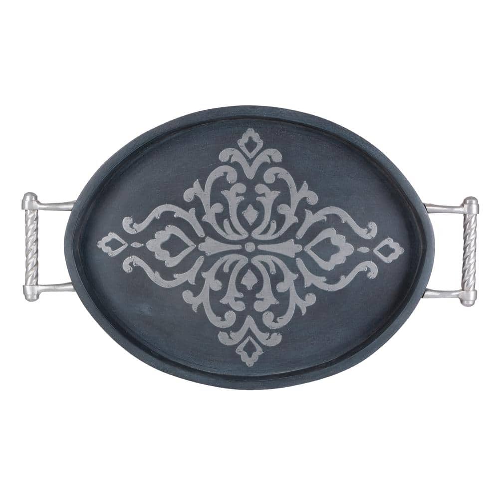 Translucent Gray-Washed Metal-Inlay Mango Wood Oval Tray with Handles