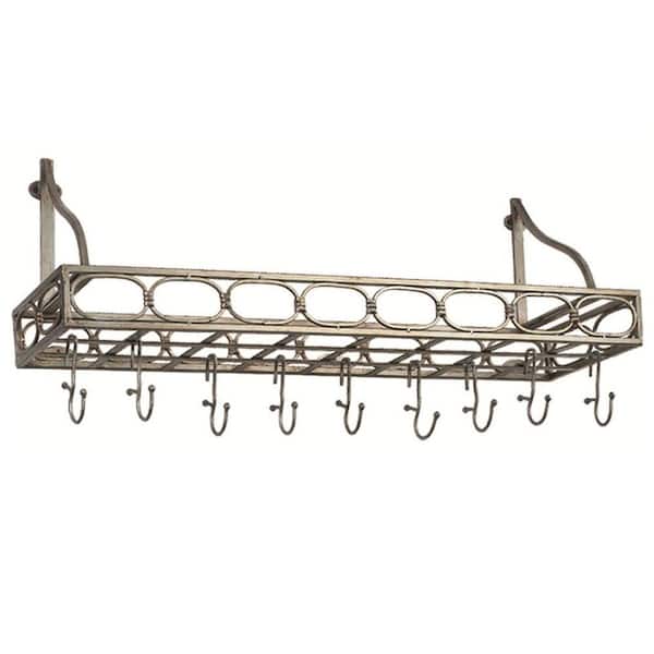 Old Dutch 36 in. x 9 in. x 11.5 in. Antique Pewter Bookshelf Pot Rack with 8 Hooks