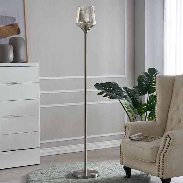 Maxax Olympia 70 in. Nickel Torchiere Floor Lamp With Glass Shade