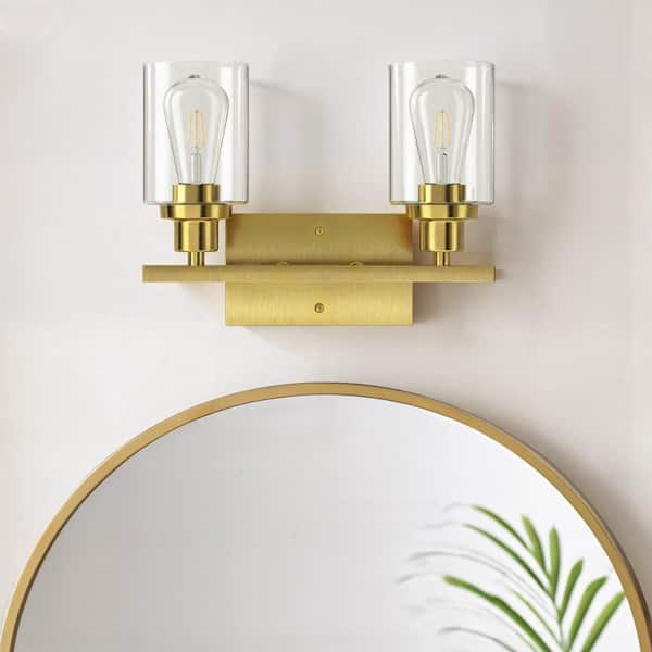 14 in. 2-Light Brushed Gold Modern Vanity-Light with Clear Glass Shade