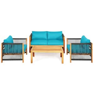 4-Pieces Acacia Wood Sofa Set with Turquoise Cushions for Outdoor Patio,Free Combination of Set