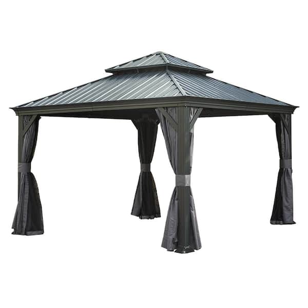 Grey 12 ft. x 12 ft. Metal Hardtop Gazebo Canopy with Drainage System, Curtain and Netting for Patio, Garden, Backyard