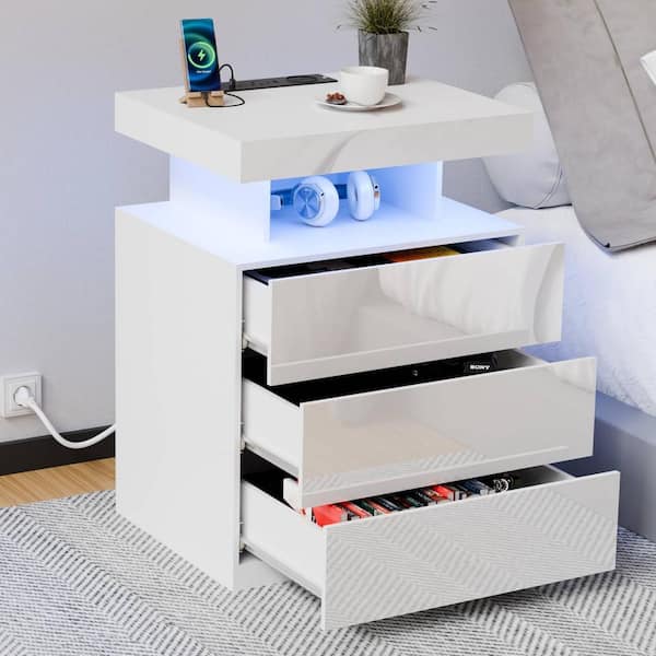 Hommpa Modern White 3-Drawer 26.8 in. H x 19.7 in. W x 15.8 in. D Nightstand with Charging Station and RGB LED Light Strip