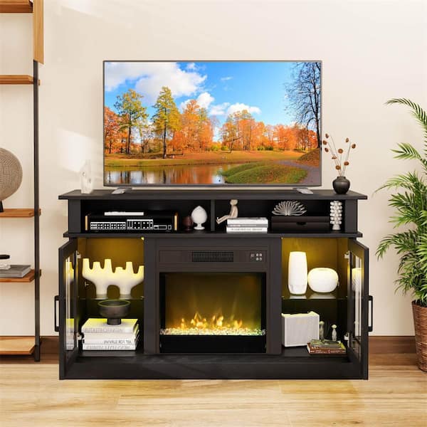 48 in. Freestanding Wooden Smart Electric Fireplace TV Stand in Black