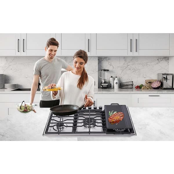 34 in. 5-Burners Gas Cooktop in Stainless Steel with Cast Iron Griddle, Natural Gas/Propane Gas Convertible