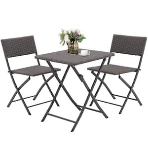 Anky Grand Gray 3-Piece Rattan Foldable Patio Furniture Wicker Square Table with Two Chairs Outdoor Bistro Set