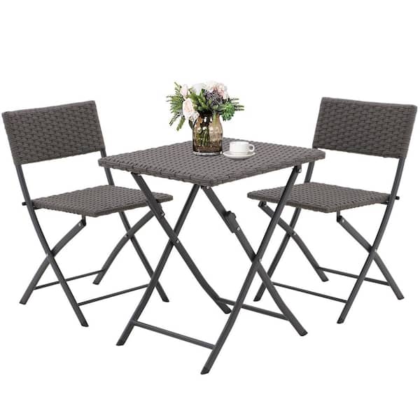 Miscool Anky Grand Gray 3-Piece Rattan Foldable Patio Furniture Wicker Square Table with Two Chairs Outdoor Bistro Set