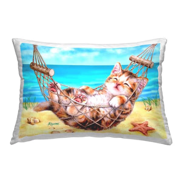 Stupell Industries Kitten and Beach Hammock Blue Print Polyester 14 in. x 20 in. Throw Pillow