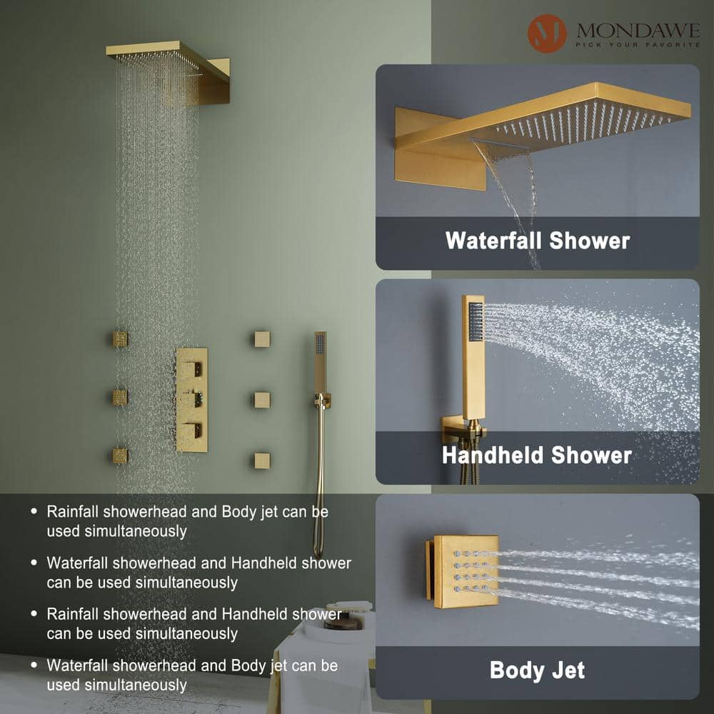 Large Brushed Gold Dual Rain Shower System with Handheld