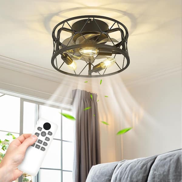 12 in. Indoor Matte Black 100-240 V Low Profile Mini Cage Ceiling Fan with Light