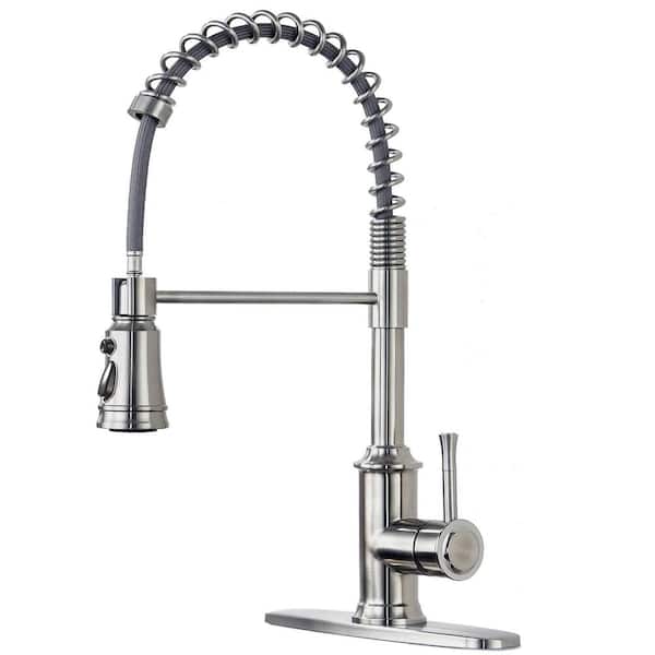 Spring Single Handle Pull Out Sprayer Kitchen Faucet Deckplate Included in Stainless Steel Brushed Nickel