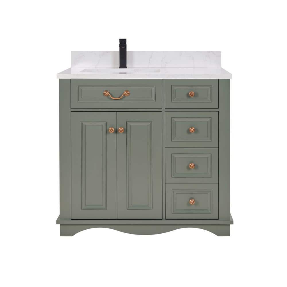36" Pewter Green Solid Wood Freestanding Sink Vanity with Artificial Stone Top
