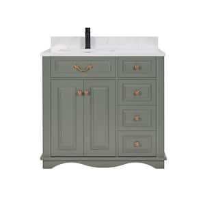 French Contemporary 36in. 1 freestanding Pewter Green Bath Vanity with white artificial stone Top assembled bath vanity