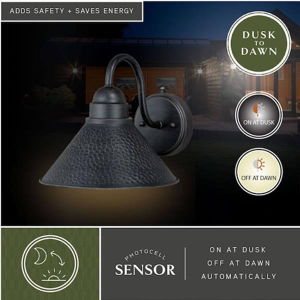 Outland 1-Light Dusk to Dawn Black Gold Farmhouse Barn Dome Outdoor Wall Lantern Sconce