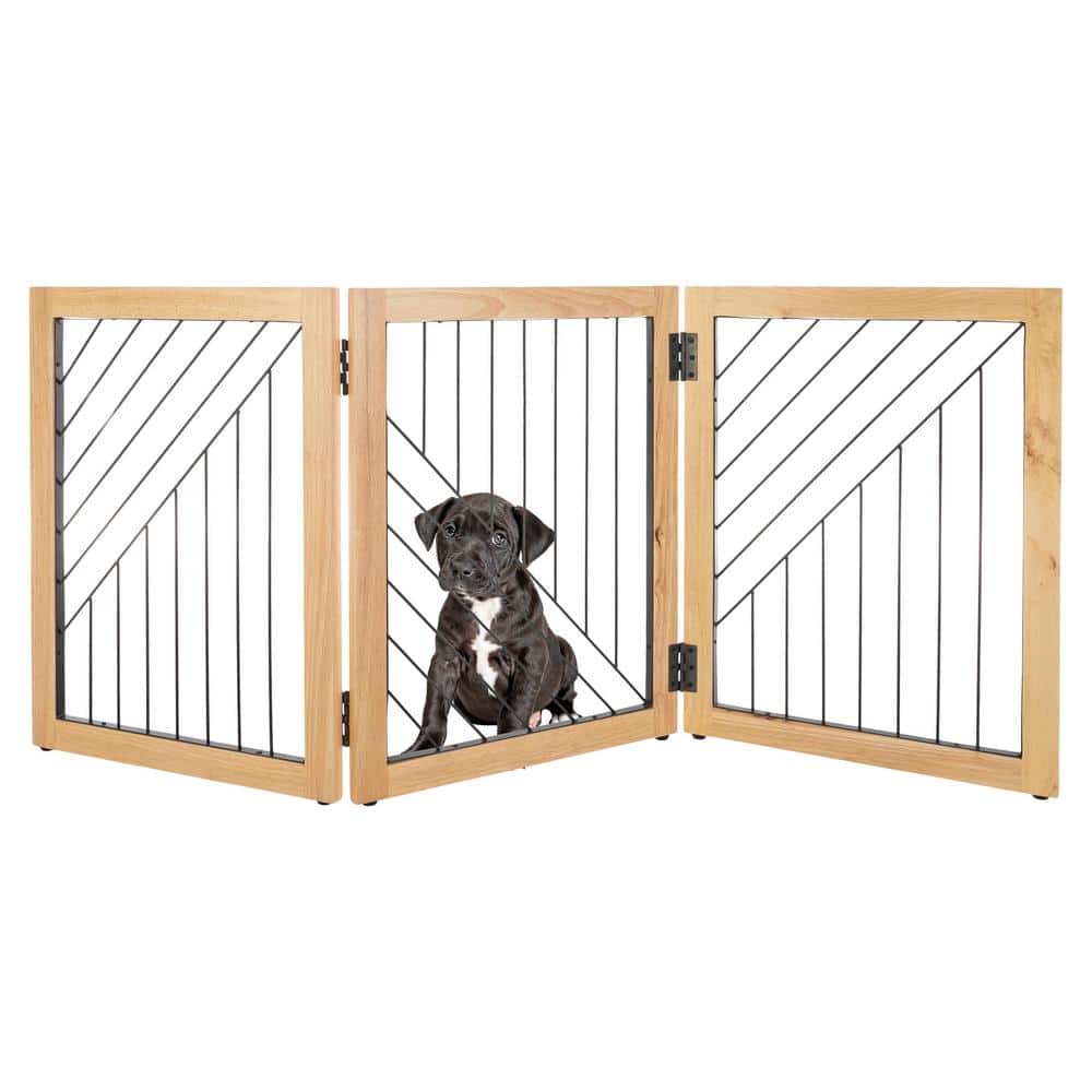 Natural Wood and Black Metal 3-Panel Freestanding Pet Gate