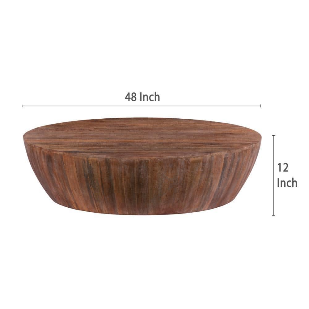 Rustic Drum-Shape Handcarved Mango Wood Coffee Table, Raw Brown