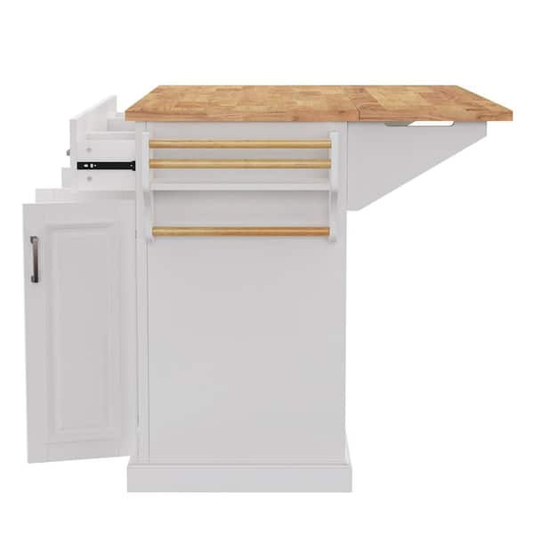 White Drop Leaf Rubber Wood Large 54 in. W Embossed Texture Kitchen Island on 4-Wheels with 4-Doors and 3-Drawers