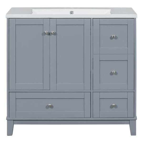 ANGELES HOME 36 in. W x 18 in. D x 34.3 in. H Single Sink Freestanding Bath Vanity in Gray Blue with White Resin Top, USB Charging