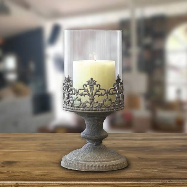 Stonebriar Collection 4.5 in. x 9 in. Rust Brown Vintage Zinc Filigree Hurricane