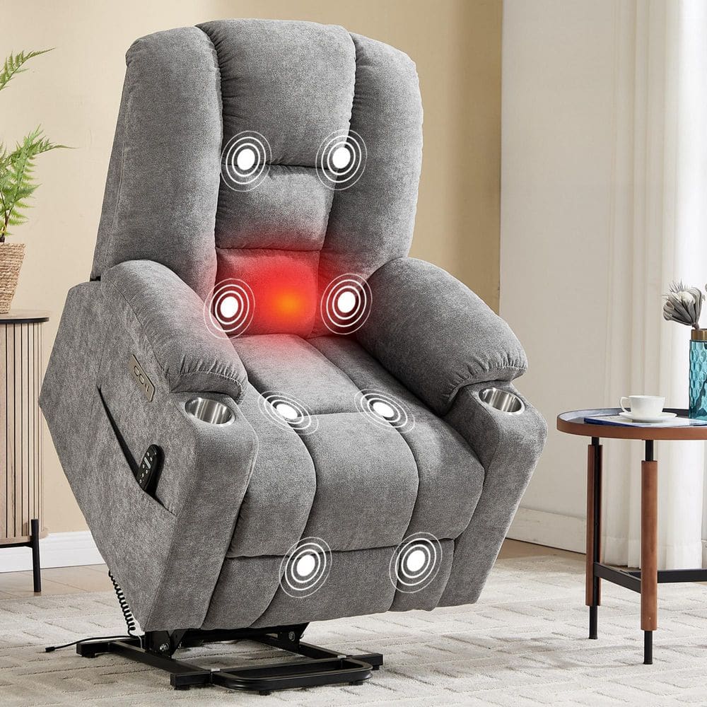 Light Gray Chenille Power Lift Recliner with Massage Heat USB and Type-C Ports Cup Holders price history on PriceWatchPro