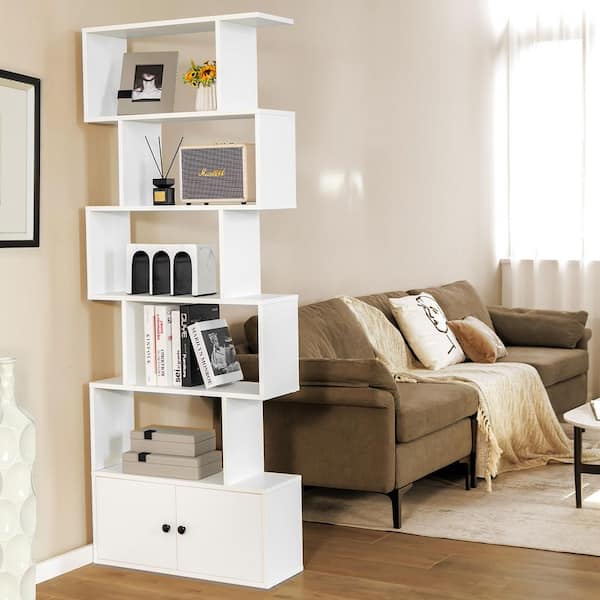 27.5 in. W 6-Tier 5-Shelves Standard Bookshelf w/Cabinet S-Shaped Bookcase Storage Rack White