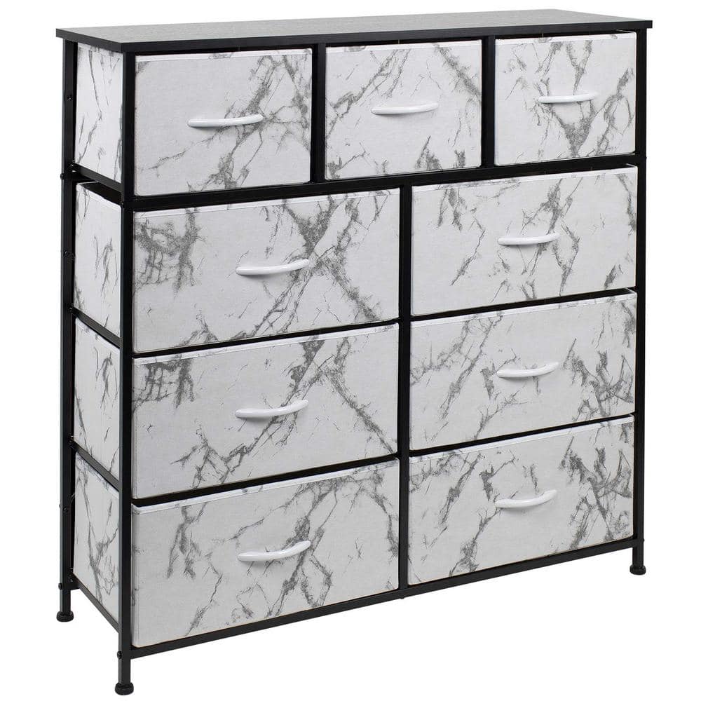 Sorbus 39.5 in. L x 11.5 in. W x 39.5 in. H 9-Drawer Marble White Dresser with Metal Frame Wood Top Easy Pull Fabric Bins -  DRW-9D-MWW1