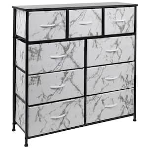 39.5 in. L x 11.5 in. W x 39.5 in. H 9-Drawer Marble White Dresser with metal Frame Wood Top Easy Pull Fabric Bins