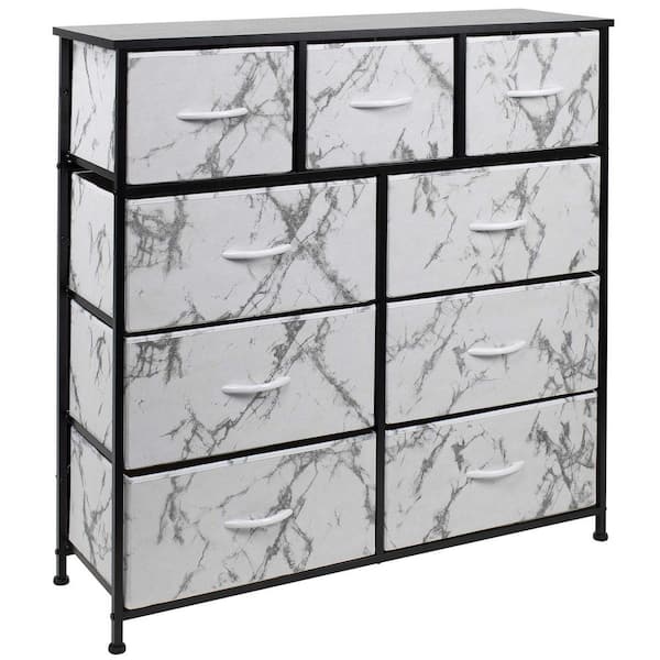 Sorbus 39.5 in. L x 11.5 in. W x 39.5 in. H 9-Drawer Marble White Dresser with metal Frame Wood Top Easy Pull Fabric Bins