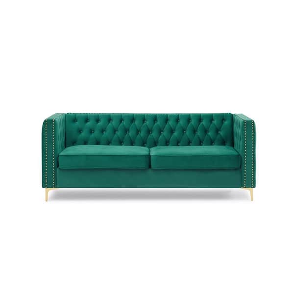 URTR 80.7 in W Flared Arm Sofa Velvet Upholstery Chesterfield Modern Style Straight Sofa 3-Seat Sofa Classic in Green