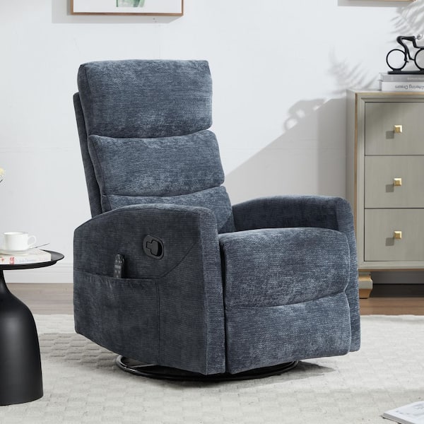 Blue Chenille Manual Swivel Recliner Rocker Chair with Massage and Heat, Side Pocket
