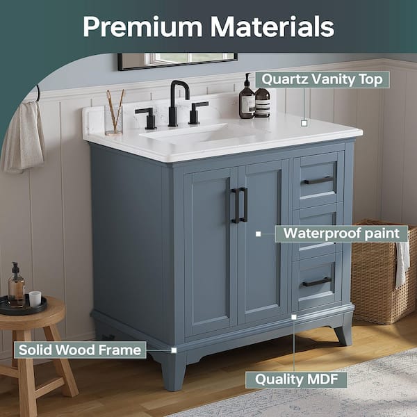 Rawsonville 37 in. Single Sink Freestanding Steel Blue Bath Vanity with White Quartz Top and Backsplash Assembled