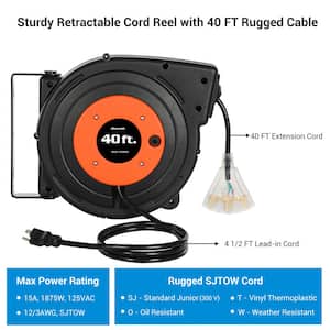 40 ft. 12/3 SJTOW 15 Amp Retractable Extension Cord Reel with 3 Grounded Outlets and Lighted Triple Tap