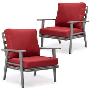 Walbrooke Modern Outdoor Arm Chair with Grey Powder Coated Aluminum Frame and Removable Cushions Set of 2 (Red)