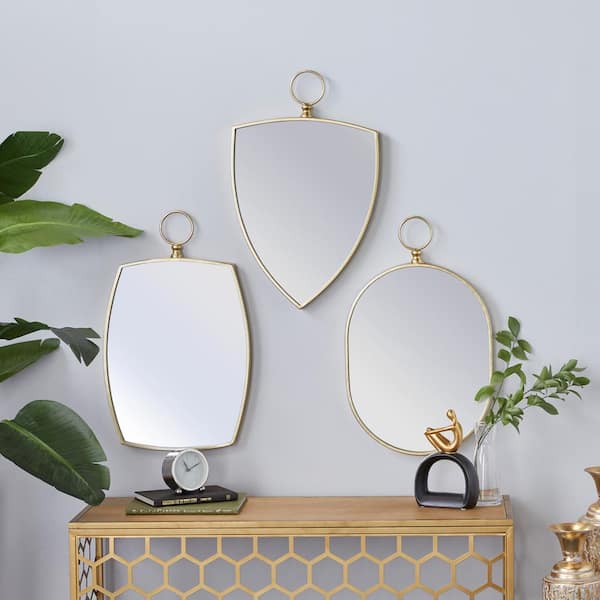 24 in. x 15 in. Varying Shapes Geometric Framed Gold Wall Mirror with Ring Top (Set of 3)