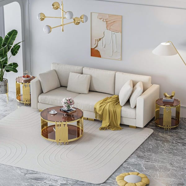 32 in. Brown Round Glass Coffee Table with Tempered Glass&Gold Legs, 2-Tier Stainless Steel Center Table for Living Room