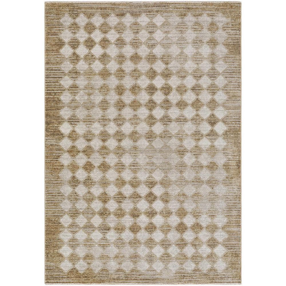 Taupe and Cream Rectangular Synthetic Checkered Area Rug