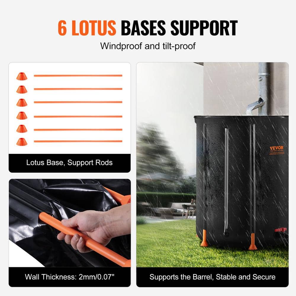 Black PVC Collapsible Rain Barrel with Spigots and Overflow Kit