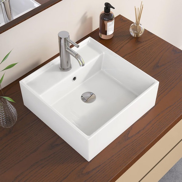 Teara 15.75 in. x 15.75 in. Rectangular Ceramic Wall Mount Small Vessel Sink with Center Faucet Hole in White