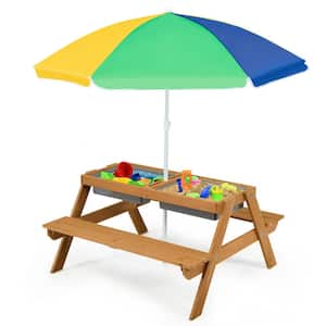 36.5 in. Brown Wood Rectangle 3-in-1 Kids Outdoor Picnic Tables with Umbrella Play Boxes-Yellow