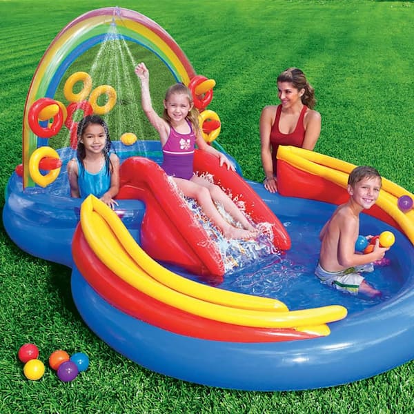 Rainbow Ring Play Centre With The 6 Included Colorful Fun Balls With The Built-in Palm Tree Sprayer And Waterfall That Attaches To A Garden Hose Inflatable Play Center Blow Up Water Fun Pool For Kids 