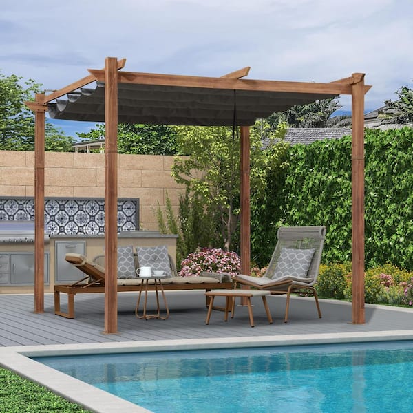 PURPLE LEAF 10 ft. W x 10 ft. D Modern Natural Wood Grain Aluminum Pergola with Gray Adjustable Sun Canopy and Protective Roof